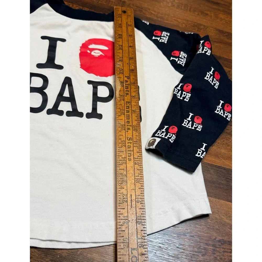 Bathing Ape BAPE kids raglan l/s shirt size 110. 2/3T. Patterned logo sleeves